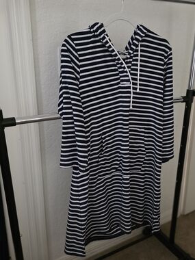 Lands' End Navy and White Striped Hooded Swim Coverup